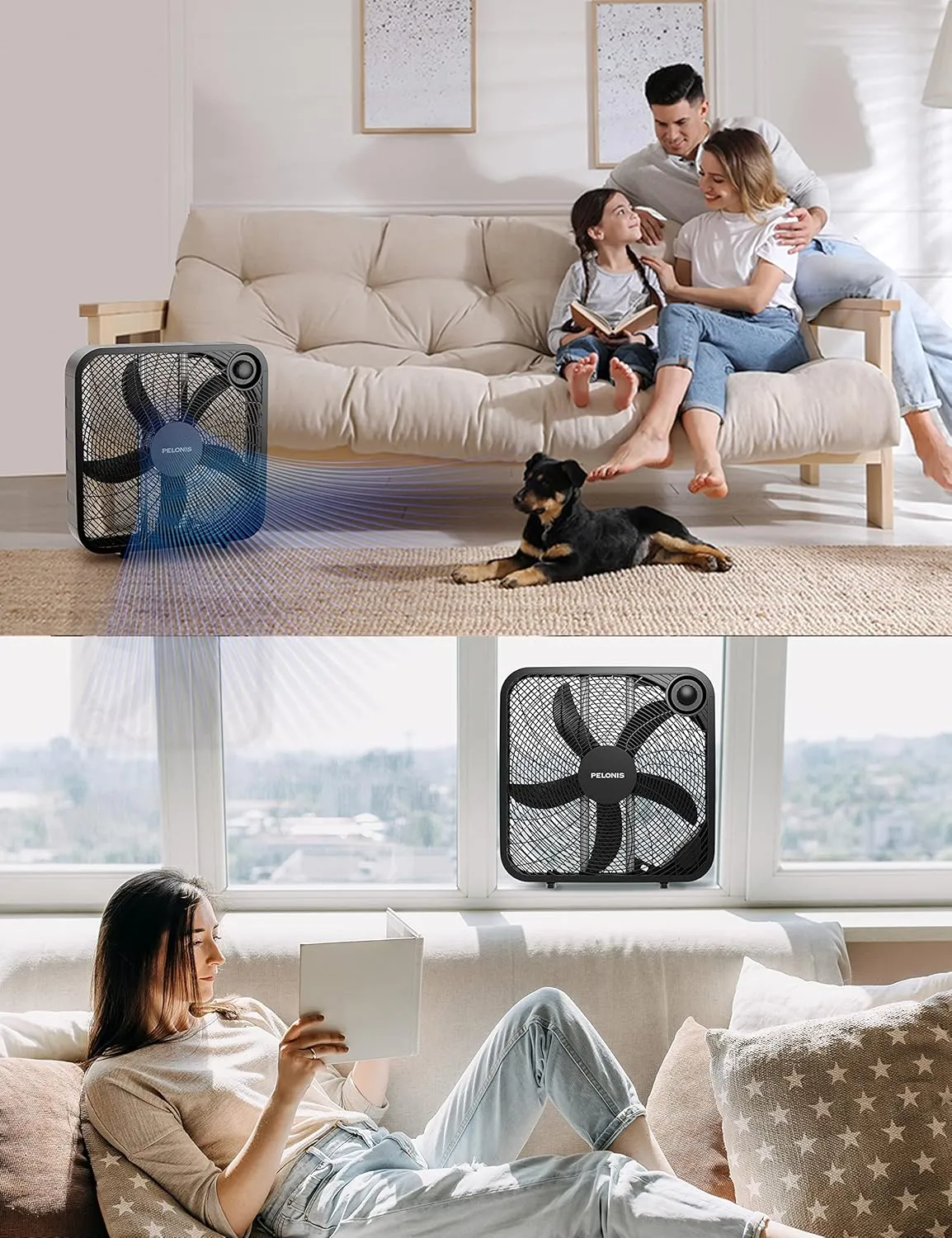 Pelonis Box Fan 20 Inch  Adjustable 3 Speeds For the Perfect Noise Level for Sleeping  4 Blade Technology Provides Powerful Airflow to Beat the Heat  Sleek Design, Lightweight, Durable, Black