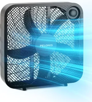 Pelonis Box Fan 20 Inch  Adjustable 3 Speeds For the Perfect Noise Level for Sleeping  4 Blade Technology Provides Powerful Airflow to Beat the Heat  Sleek Design, Lightweight, Durable, Black Battery-powered portable fan