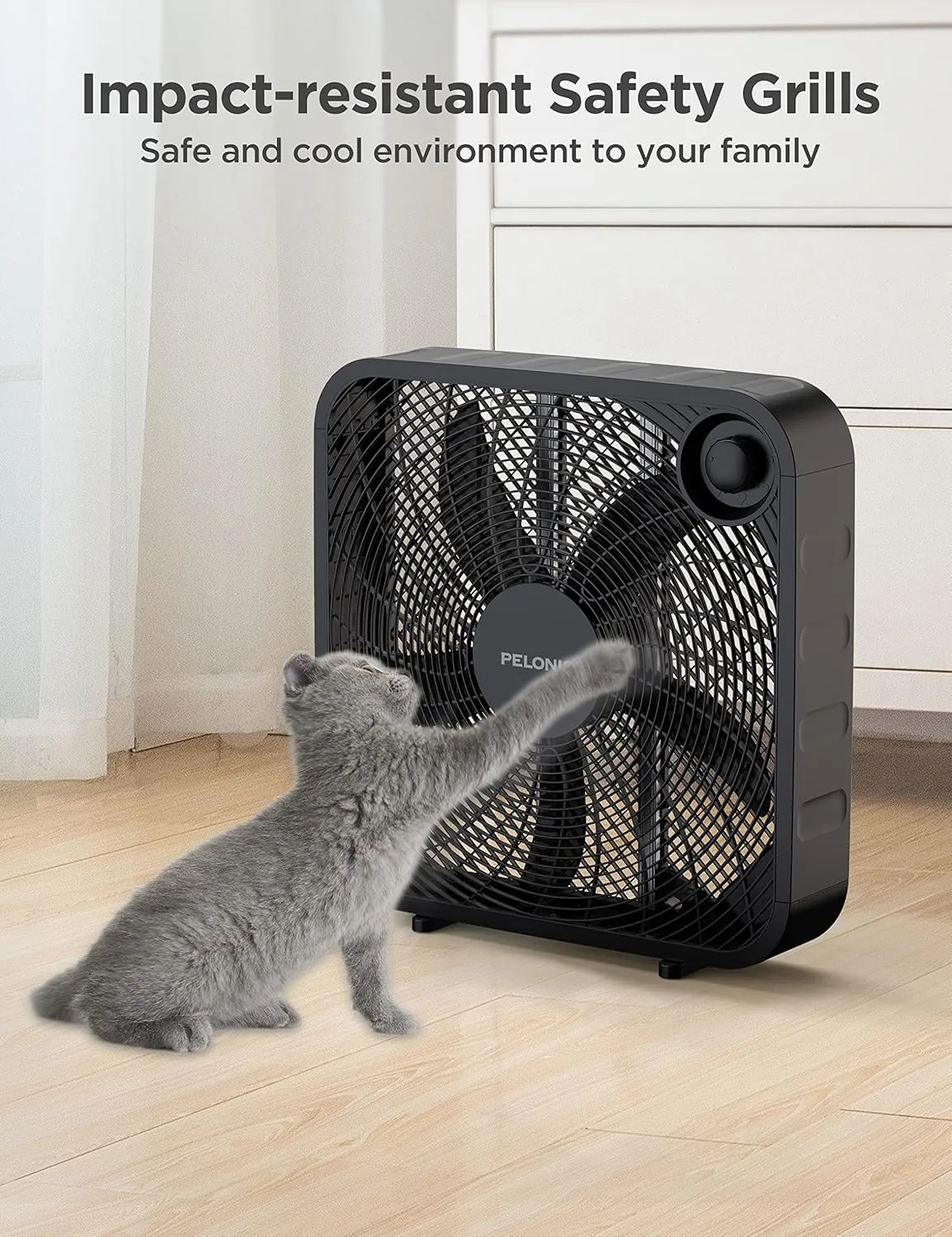 Pelonis Box Fan 20 Inch  Adjustable 3 Speeds For the Perfect Noise Level for Sleeping  4 Blade Technology Provides Powerful Airflow to Beat the Heat  Sleek Design, Lightweight, Durable, Black