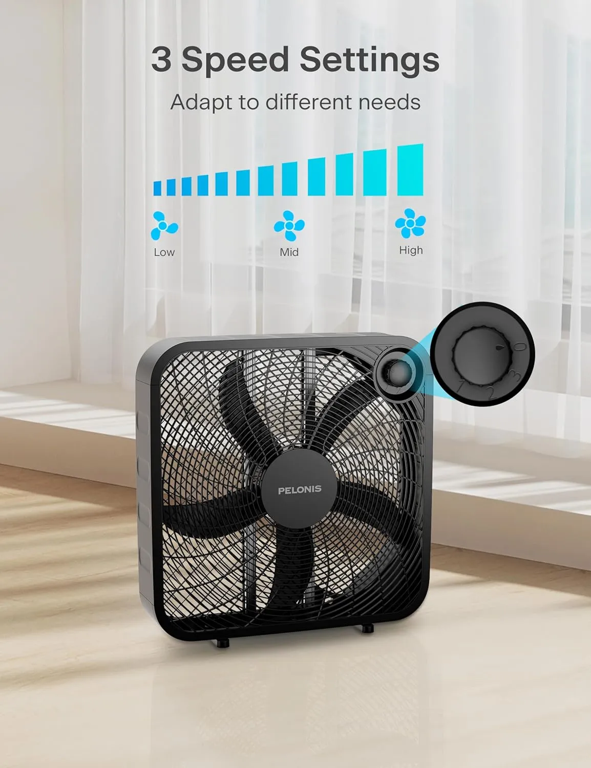 Pelonis Box Fan 20 Inch  Adjustable 3 Speeds For the Perfect Noise Level for Sleeping  4 Blade Technology Provides Powerful Airflow to Beat the Heat  Sleek Design, Lightweight, Durable, Black