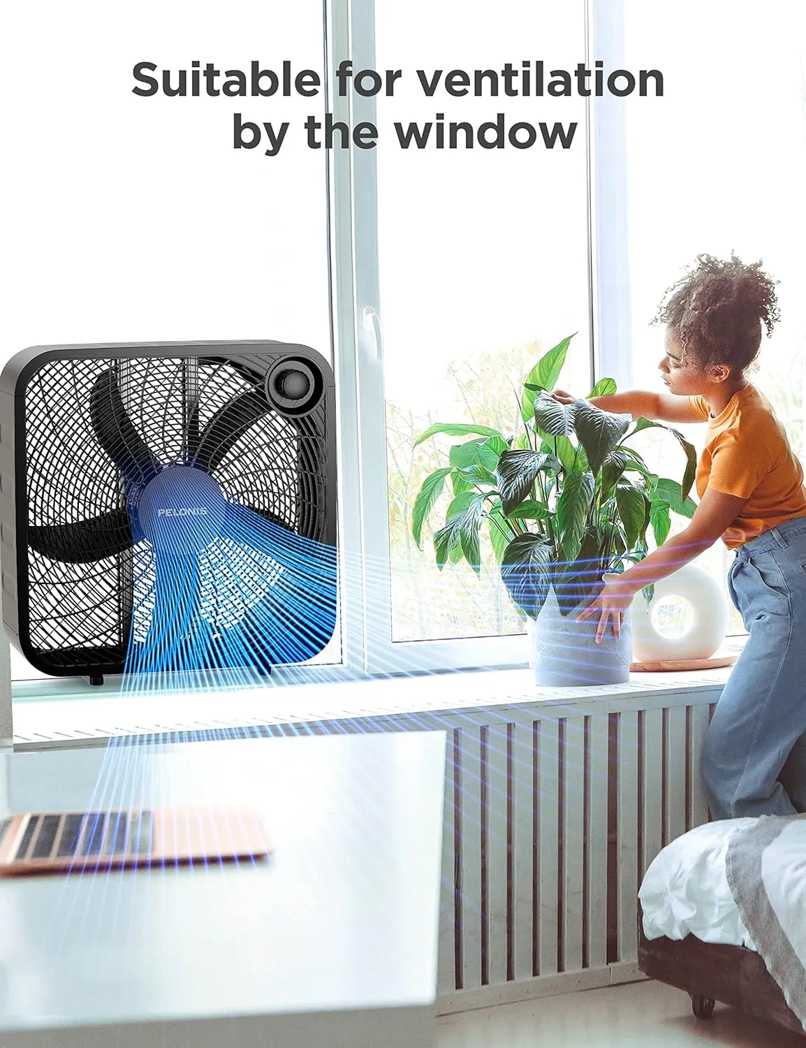 Pelonis Box Fan 20 Inch  Adjustable 3 Speeds For the Perfect Noise Level for Sleeping  4 Blade Technology Provides Powerful Airflow to Beat the Heat  Sleek Design, Lightweight, Durable, Black