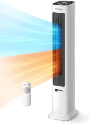 PELONIS Oscillating Tower Fan and Heater Combo with Remote Control - Heater Fan Combo for Indoor Use  3 Fan and 2Heater Speeds, 12-HR Timer, ECO Mode, Tip Over and Overheat Protection, White Tower bladeless fan for modern homes