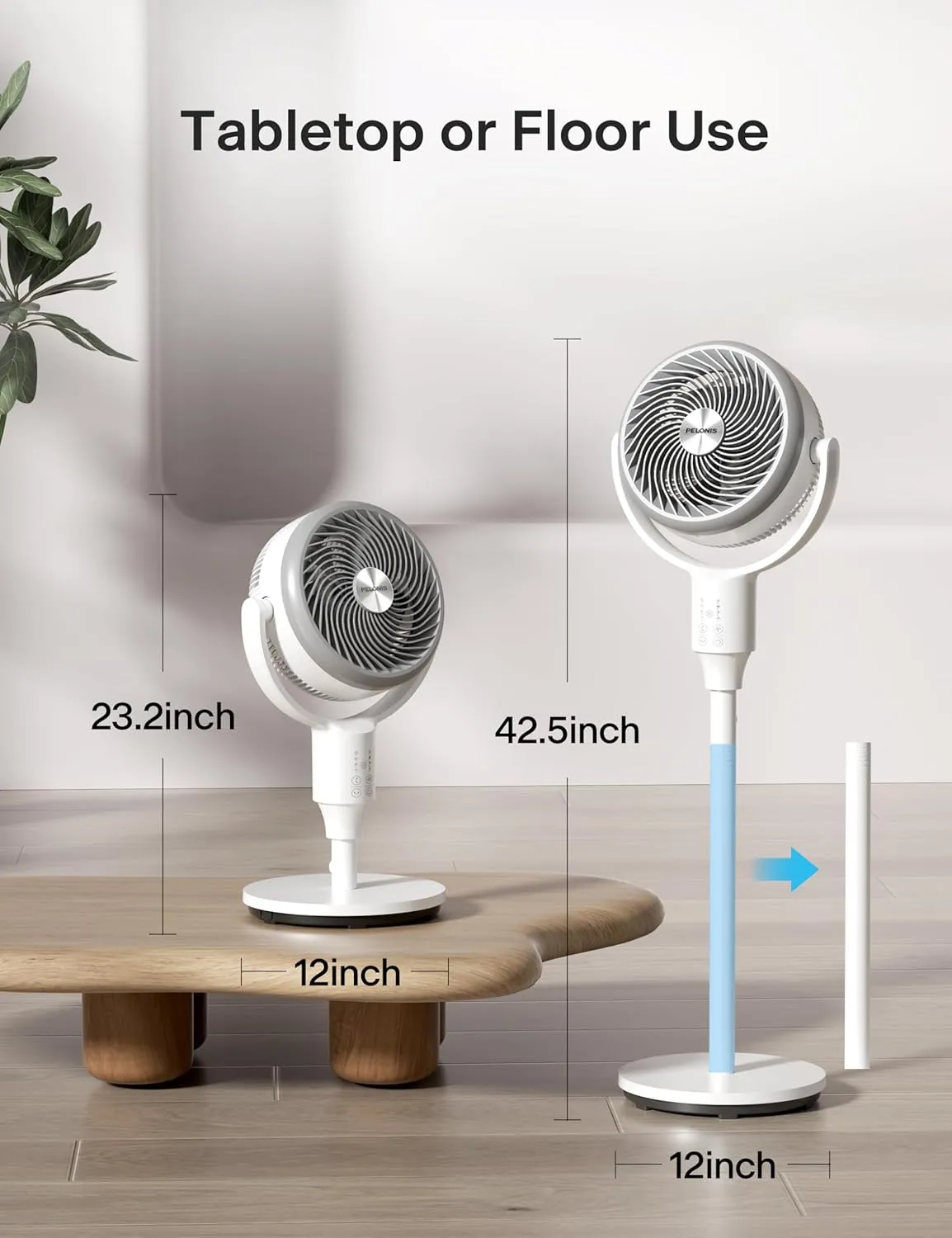 PELONIS Pedestal Fan, Air Circulator, 22ft/s, OmniFlow (135 90Auto Oscillation), 23 dB Quiet Floor Fan with 3 Speeds, Remote, 7H Timer, Memory Function, Adjustable Height, Standing Fan for Bedroom