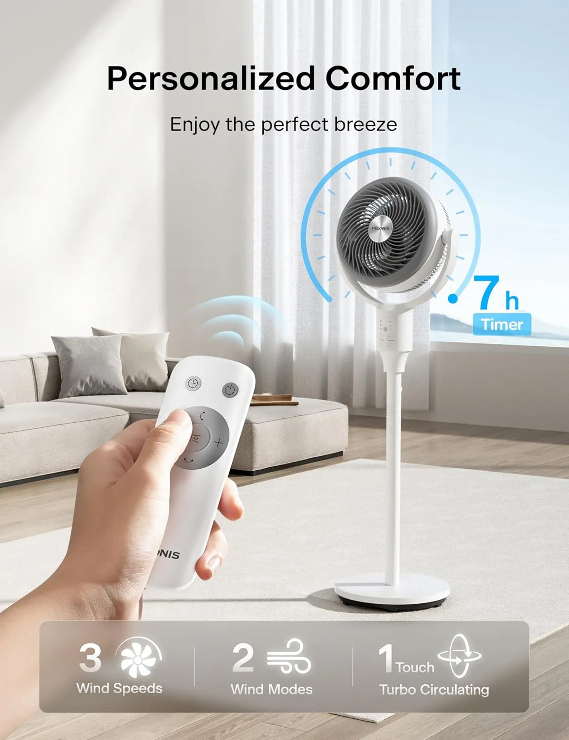 PELONIS Pedestal Fan, Air Circulator, 22ft/s, OmniFlow (135 90Auto Oscillation), 23 dB Quiet Floor Fan with 3 Speeds, Remote, 7H Timer, Memory Function, Adjustable Height, Standing Fan for Bedroom