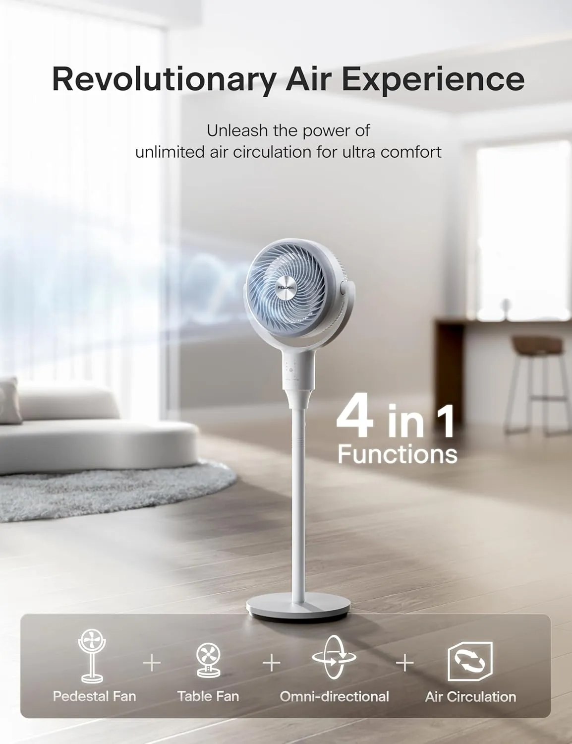 PELONIS Pedestal Fan, Air Circulator, 22ft/s, OmniFlow (135 90Auto Oscillation), 23 dB Quiet Floor Fan with 3 Speeds, Remote, 7H Timer, Memory Function, Adjustable Height, Standing Fan for Bedroom