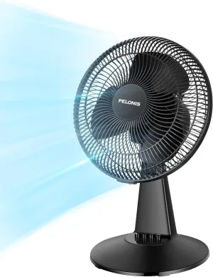 PELONIS Table Fan 12-Inch, 120 Oscillating Table Fan Small Portable Electric Plug-In Desk Fan with 3-Speeds, 126 Adjustable Tilt Head for Bedroom and Office Black Fan with safety blade design