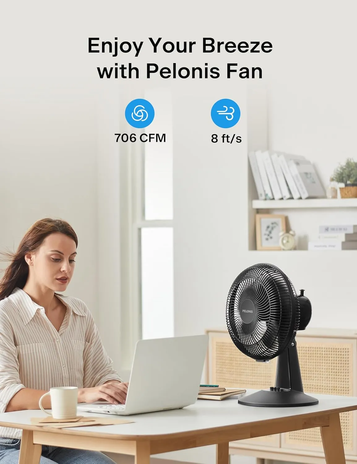 PELONIS Table Fan 12-Inch, 120 Oscillating Table Fan Small Portable Electric Plug-In Desk Fan with 3-Speeds, 126 Adjustable Tilt Head for Bedroom and Office Black
