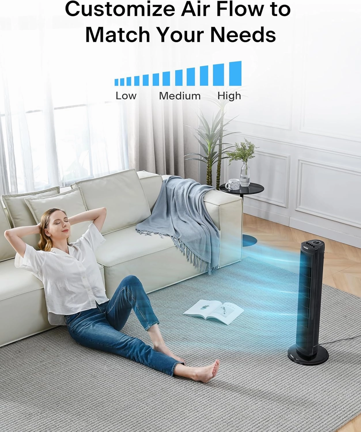 PELONIS 30 inch Tower Fan for Bedroom, Standing Fan with 3 Speeds, 90 Oscillation, Small Fan with 120-Min Auto Timer, Black