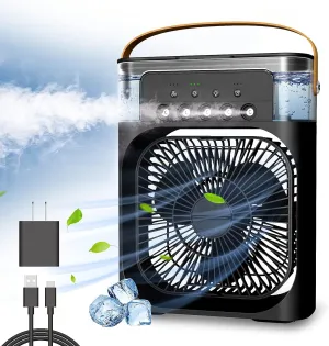 Personal Air Cooler, Portable Air Conditioner Fan, Mini Evaporative Cooler with 7 Colors LED Light, 1/2/3 H Timer, 3 Wind Speeds and 3 Spray Modes for Your Desk, Nightstand, or Coffee Table Desktop fan with humidification feature
