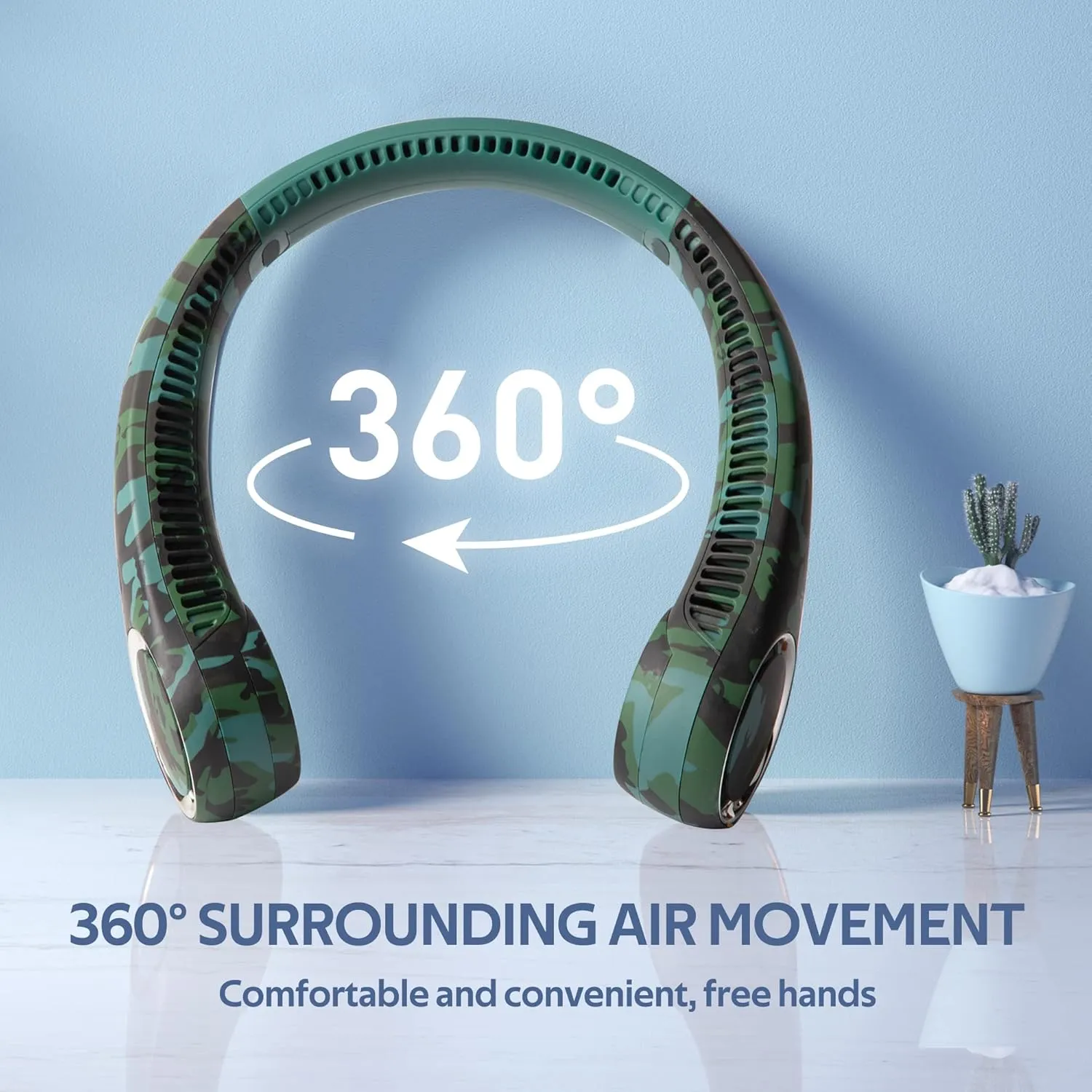 Personal Bladeless Fan - Green Camouflage, 3-16 Running Hours, 4000mAh Battery, 72 Wind Outlets, 60pcs Twin-Turbine Fan Blades, 3 Speeds, 360 Omnidirectional Cooling