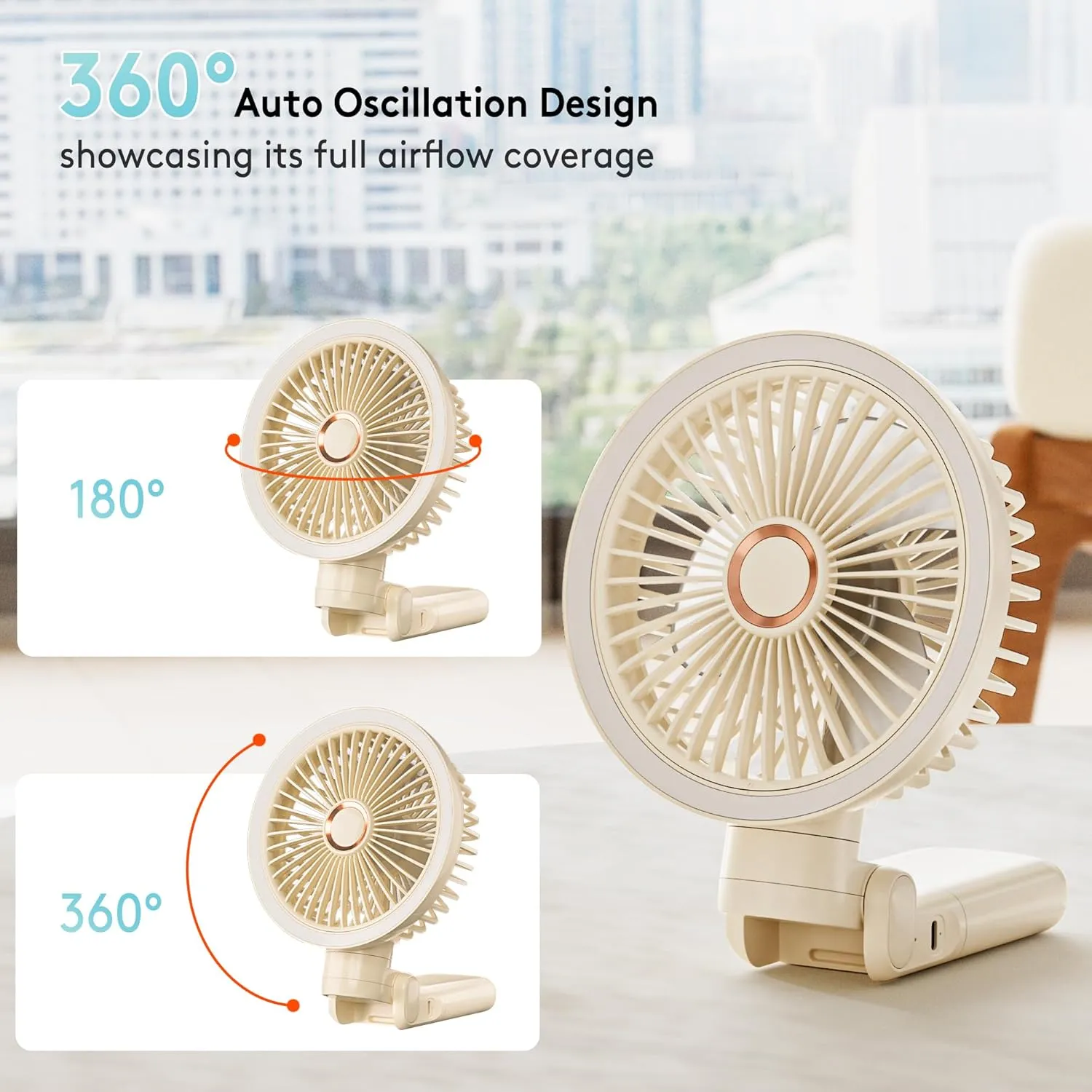 Personal Fan, 4-Speed Oscillating and 360Rotating with LED Light, 4-in-1 Handheld/Desk/Clip-On/ Wall-Mounted Portable Fan, 5400mAh Rechargeable, Ideal for Travel/Camping/Stroller (11inch, Beige)
