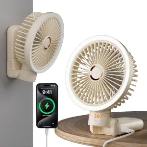 Personal Fan, 4-Speed Oscillating and 360Rotating with LED Light, 4-in-1 Handheld/Desk/Clip-On/ Wall-Mounted Portable Fan, 5400mAh Rechargeable, Ideal for Travel/Camping/Stroller (11inch, Beige) 360-degree rotating fan for home use