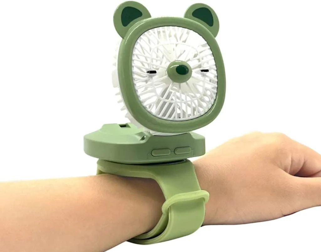 Personal Fan with Wrist Strap - Battery Operated, USB Rechargeable Fan Portable, LED Lights, 3 Adjustable Speed - Portable Fans for Kids Children Boys Girls Indoor Outdoor (Green) Rear-mounted fan for childrens safety