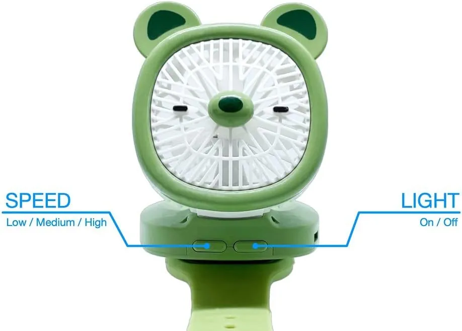 Personal Fan with Wrist Strap - Battery Operated, USB Rechargeable Fan Portable, LED Lights, 3 Adjustable Speed - Portable Fans for Kids Children Boys Girls Indoor Outdoor (Green)