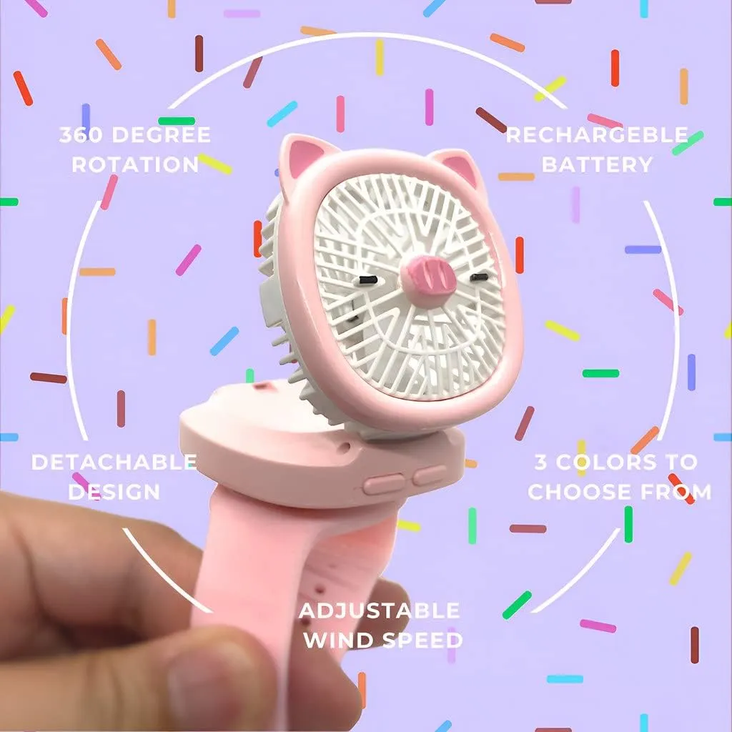 Personal Fan with Wrist Strap - Battery Operated, USB Rechargeable Fan Portable, LED Lights, 3 Adjustable Speed - Portable Fans for Kids Children Boys Girls Indoor Outdoor (Pink)