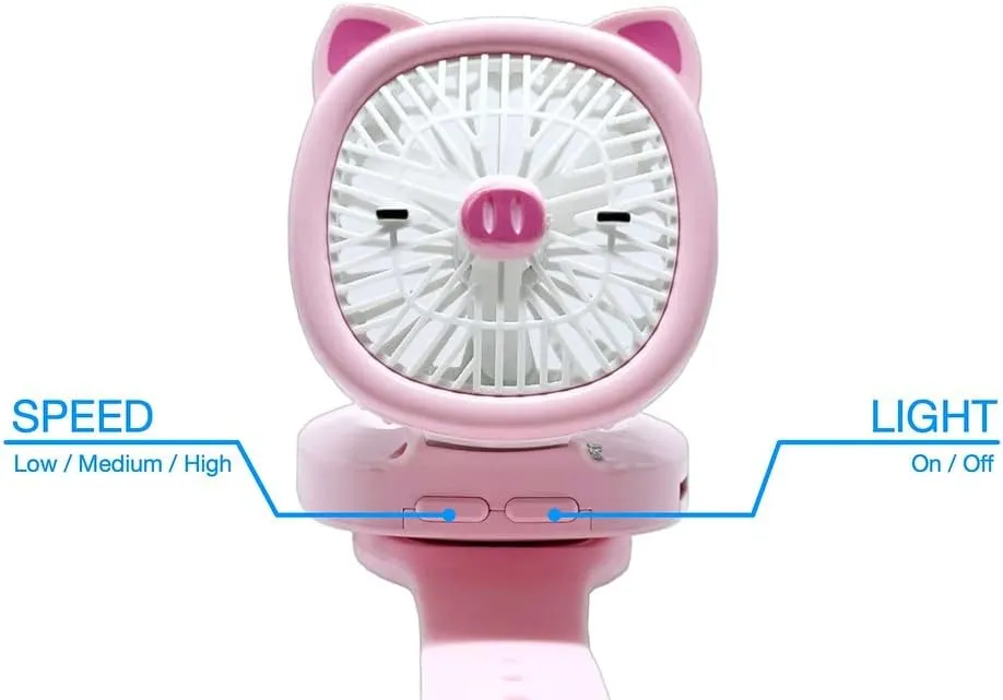 Personal Fan with Wrist Strap - Battery Operated, USB Rechargeable Fan Portable, LED Lights, 3 Adjustable Speed - Portable Fans for Kids Children Boys Girls Indoor Outdoor (Pink)