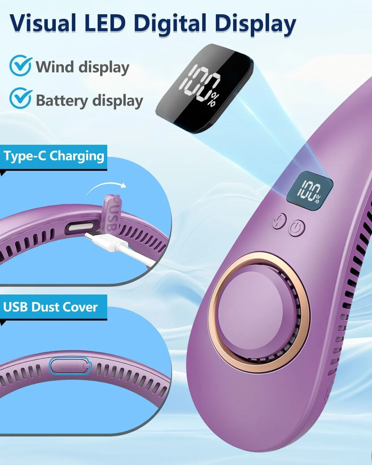 Personal Fans for Your Neck,Portable Cooling Neck Fan Battery Operated With LED Display,Bladeless Electric Wearable Fan 4 Speeds,Wireless Around The Neck Fan Chargeable Fan for Office,Indoor,Outdoor