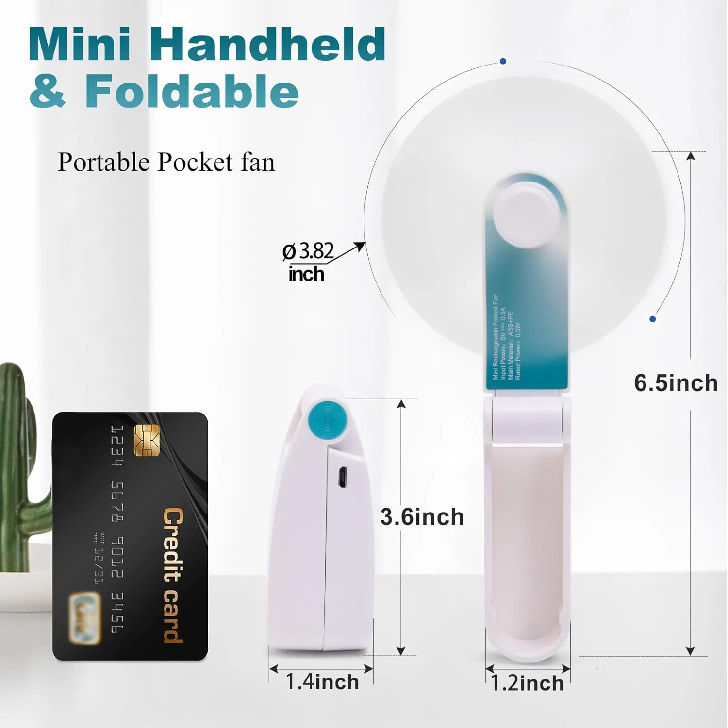 Personal Handheld Fan, Mini Portable Pocket Fan, Small Lightweight USB Rechargeable for Home Sports Outdoor Travel, 2 Speed Powerful Wind (Turquoise)