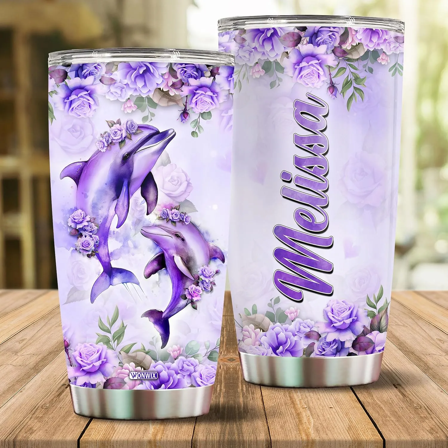 Personalized Dolphin Tumbler Customized Name Dolphins Coffee Mug Gifts For Women Girls Custom Water Bottle Mugs 20oz Gift For Adults Christmas Birthday Insulated Stainless Steel Cup With Lid