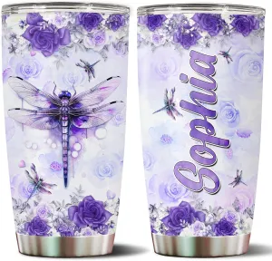 Personalized Dragonfly Coffee Mug Cups Gifts For Women Unique Mom, Purple Dragonflies Water Bottle Mothers Day Birthday Christmas Valentine 20oz Stainless Steel Thermos Tumbler Cup With Lid Octopus-shaped decorative fan