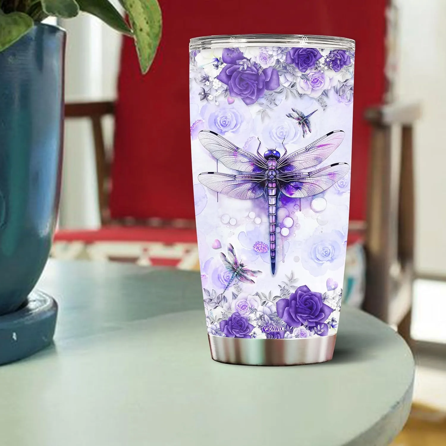 Personalized Dragonfly Coffee Mug Cups Gifts For Women Unique Mom, Purple Dragonflies Water Bottle Mothers Day Birthday Christmas Valentine 20oz Stainless Steel Thermos Tumbler Cup With Lid