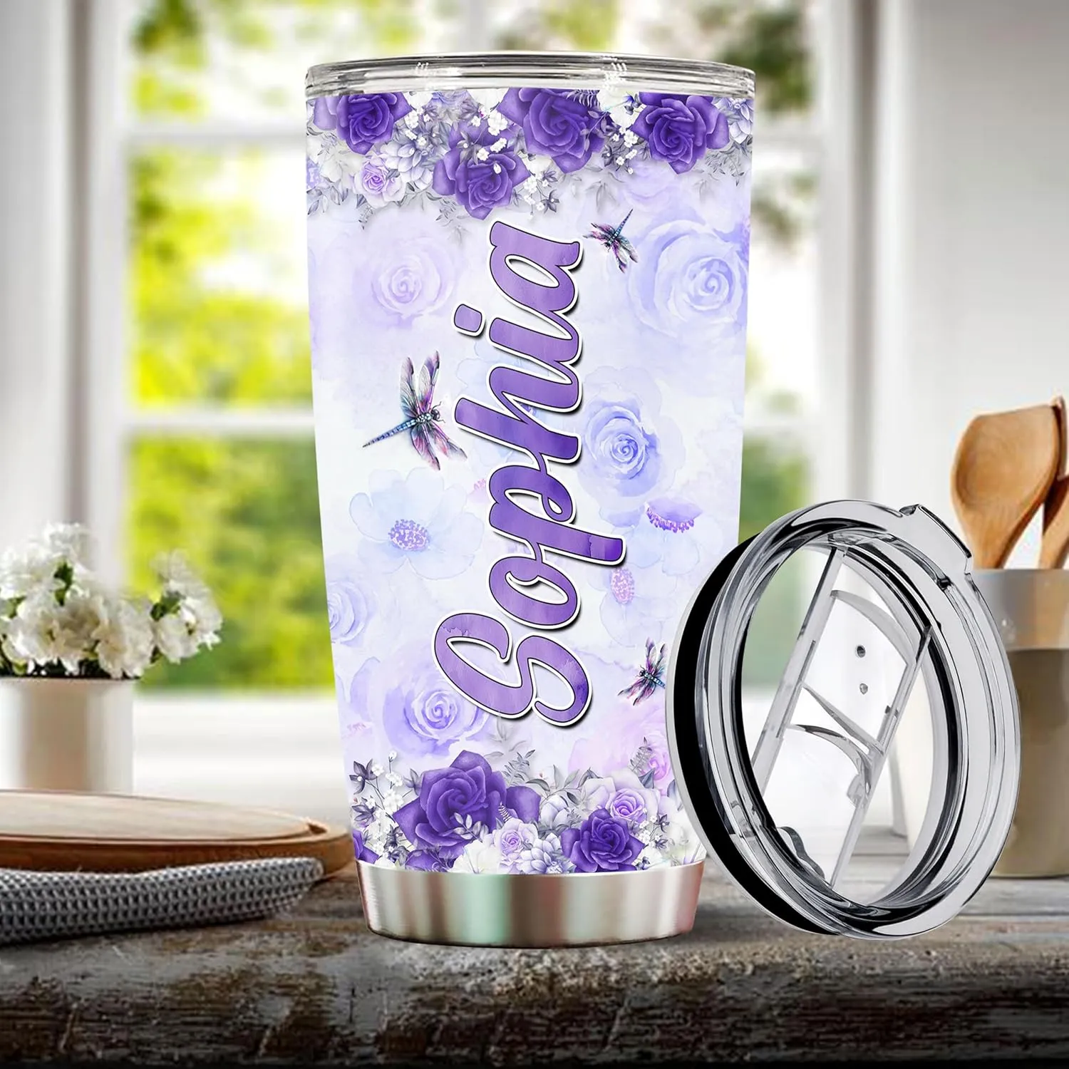 Personalized Dragonfly Coffee Mug Cups Gifts For Women Unique Mom, Purple Dragonflies Water Bottle Mothers Day Birthday Christmas Valentine 20oz Stainless Steel Thermos Tumbler Cup With Lid