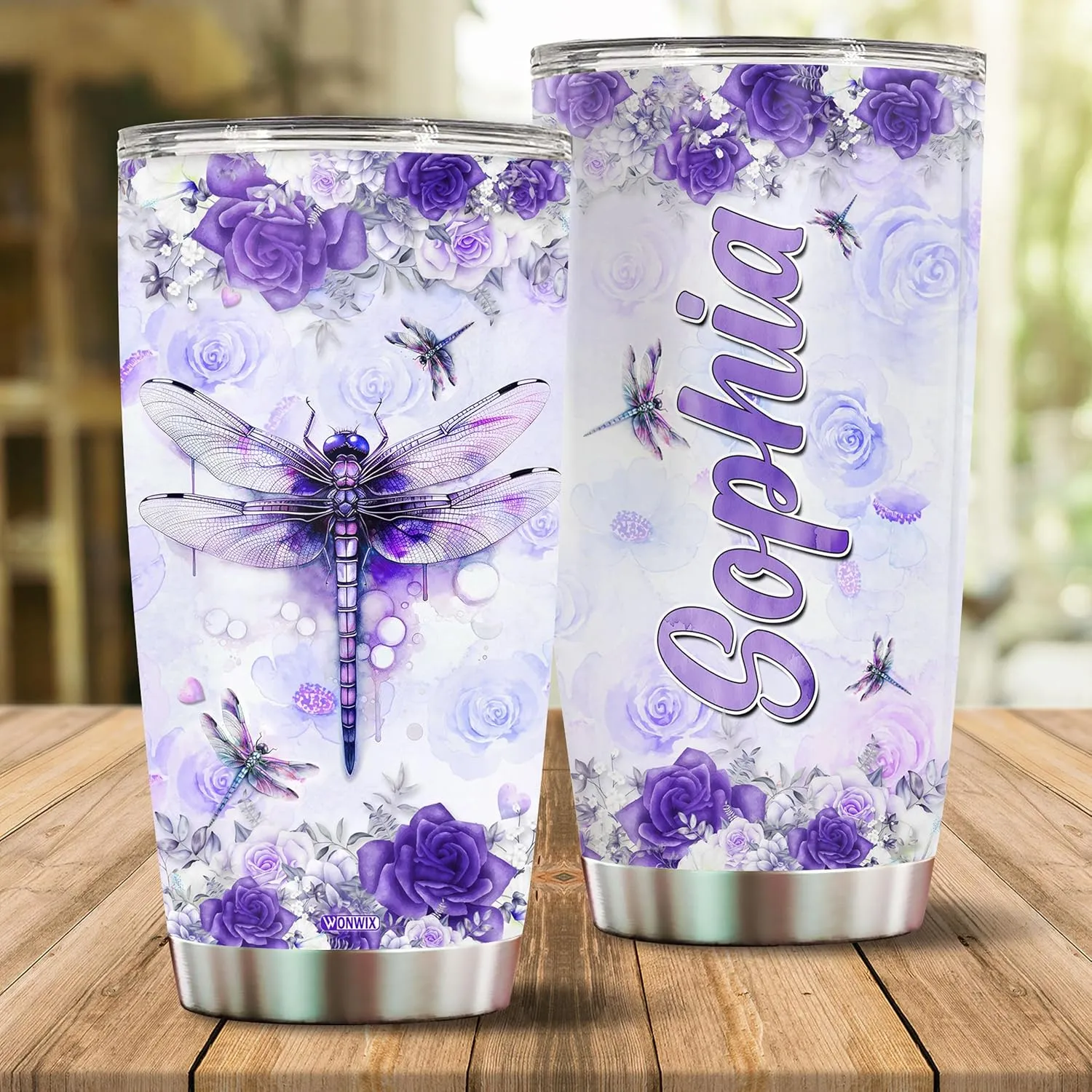 Personalized Dragonfly Coffee Mug Cups Gifts For Women Unique Mom, Purple Dragonflies Water Bottle Mothers Day Birthday Christmas Valentine 20oz Stainless Steel Thermos Tumbler Cup With Lid