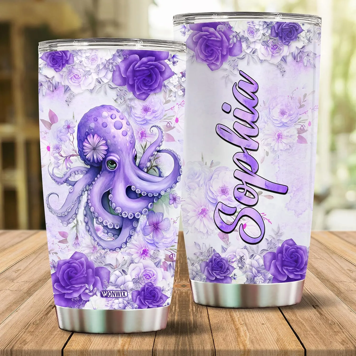 Personalized Octopus Tumbler Customized Name Water Bottle Mugs Gift For Women Fan Custom Purple Octopuses Birthday Christmas Valentine Day Insulated Stainless Steel Coffee Cup with Lid