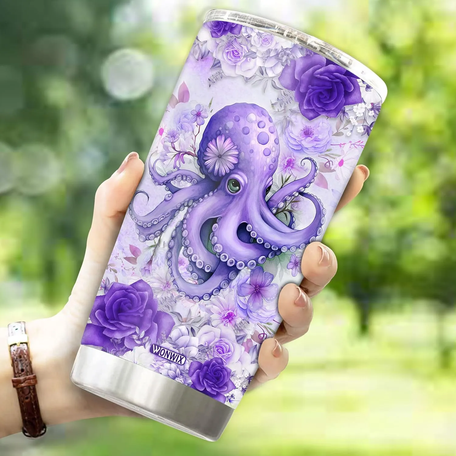 Personalized Octopus Tumbler Customized Name Water Bottle Mugs Gift For Women Fan Custom Purple Octopuses Birthday Christmas Valentine Day Insulated Stainless Steel Coffee Cup with Lid