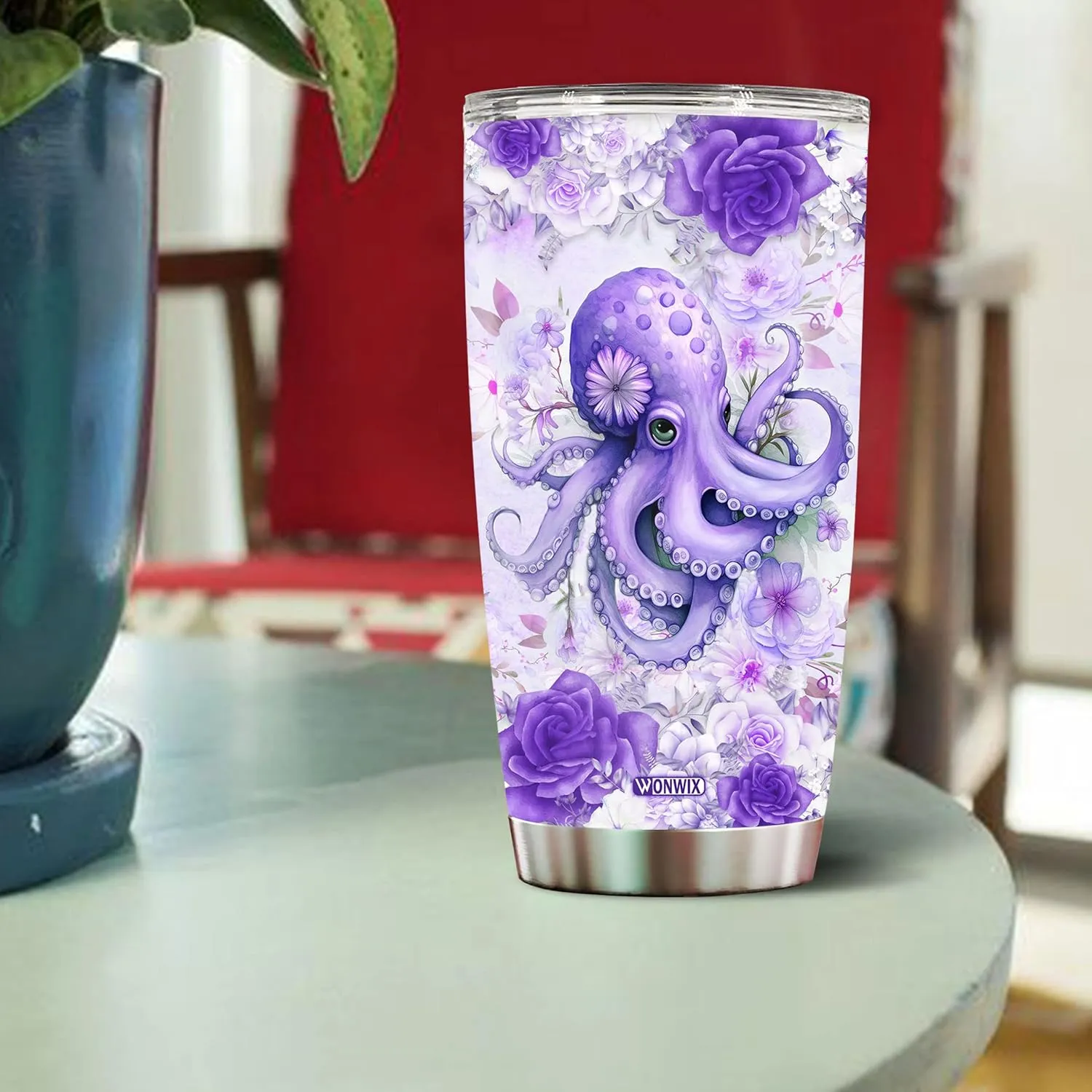 Personalized Octopus Tumbler Customized Name Water Bottle Mugs Gift For Women Fan Custom Purple Octopuses Birthday Christmas Valentine Day Insulated Stainless Steel Coffee Cup with Lid