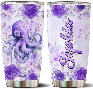 Personalized Octopus Tumbler Customized Name Water Bottle Mugs Gift For Women Fan Custom Purple Octopuses Birthday Christmas Valentine Day Insulated Stainless Steel Coffee Cup with Lid Octopus-shaped decorative fan