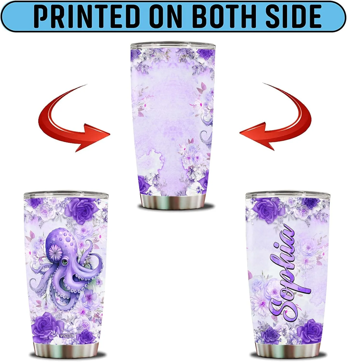 Personalized Octopus Tumbler Customized Name Water Bottle Mugs Gift For Women Fan Custom Purple Octopuses Birthday Christmas Valentine Day Insulated Stainless Steel Coffee Cup with Lid