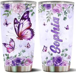 Personalized Purple Butterfly Coffee Mugs For Girls Mom Women Adults Butterflies Lovers Water Bottle Travel Mug Mothers Day Birthday Christmas Valentine 20oz Stainless Steel Cup With Lid Octopus-shaped decorative fan