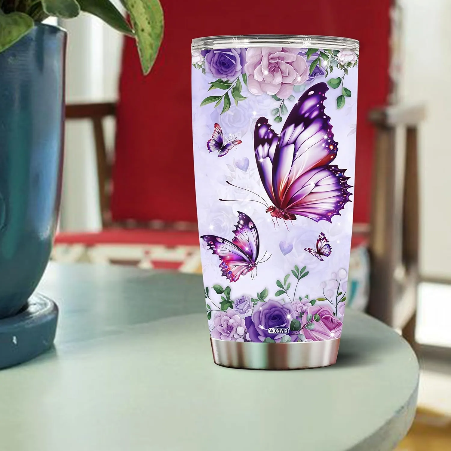 Personalized Purple Butterfly Coffee Mugs For Girls Mom Women Adults Butterflies Lovers Water Bottle Travel Mug Mothers Day Birthday Christmas Valentine 20oz Stainless Steel Cup With Lid