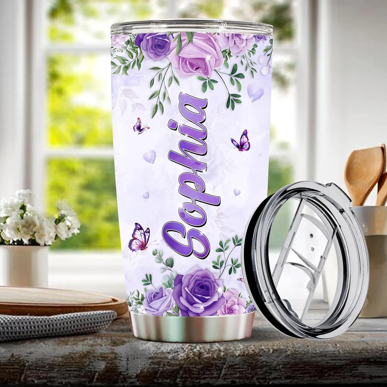Personalized Purple Butterfly Coffee Mugs For Girls Mom Women Adults Butterflies Lovers Water Bottle Travel Mug Mothers Day Birthday Christmas Valentine 20oz Stainless Steel Cup With Lid