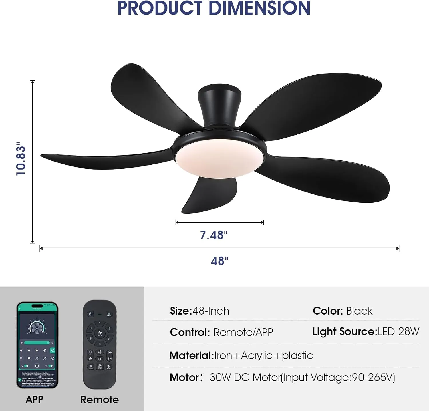 PHORUS 48" Low Profile Ceiling Fan With Lights and Remote/APP, Black With Quiet Reversible DC Motor, Dimmable 3 Colors 6 Speeds, Modern Flush Mount for Bedroom Kitchen
