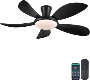 PHORUS 48" Low Profile Ceiling Fan With Lights and Remote/APP, Black With Quiet Reversible DC Motor, Dimmable 3 Colors 6 Speeds, Modern Flush Mount for Bedroom Kitchen Fan with safety blade design