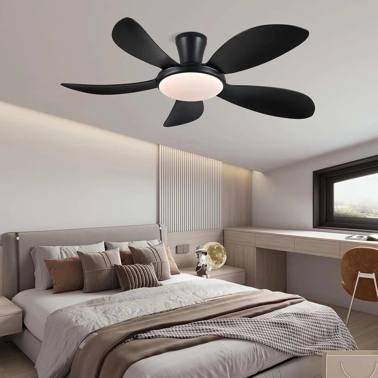PHORUS 48" Low Profile Ceiling Fan With Lights and Remote/APP, Black With Quiet Reversible DC Motor, Dimmable 3 Colors 6 Speeds, Modern Flush Mount for Bedroom Kitchen