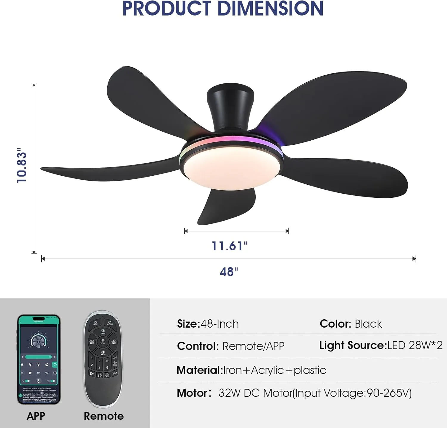 PHORUS 48" RGB Ceiling Fans with Lights and Remote/APP,Black Low Profile Ceiling Fans with Quiet Reversible DC Motor,Modern Flush Mount Fans Light for Bedroom Kids Room