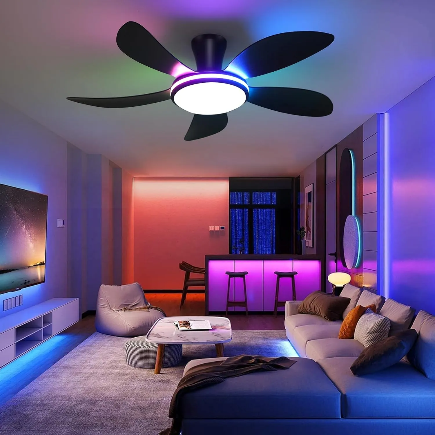 PHORUS 48" RGB Ceiling Fans with Lights and Remote/APP,Black Low Profile Ceiling Fans with Quiet Reversible DC Motor,Modern Flush Mount Fans Light for Bedroom Kids Room
