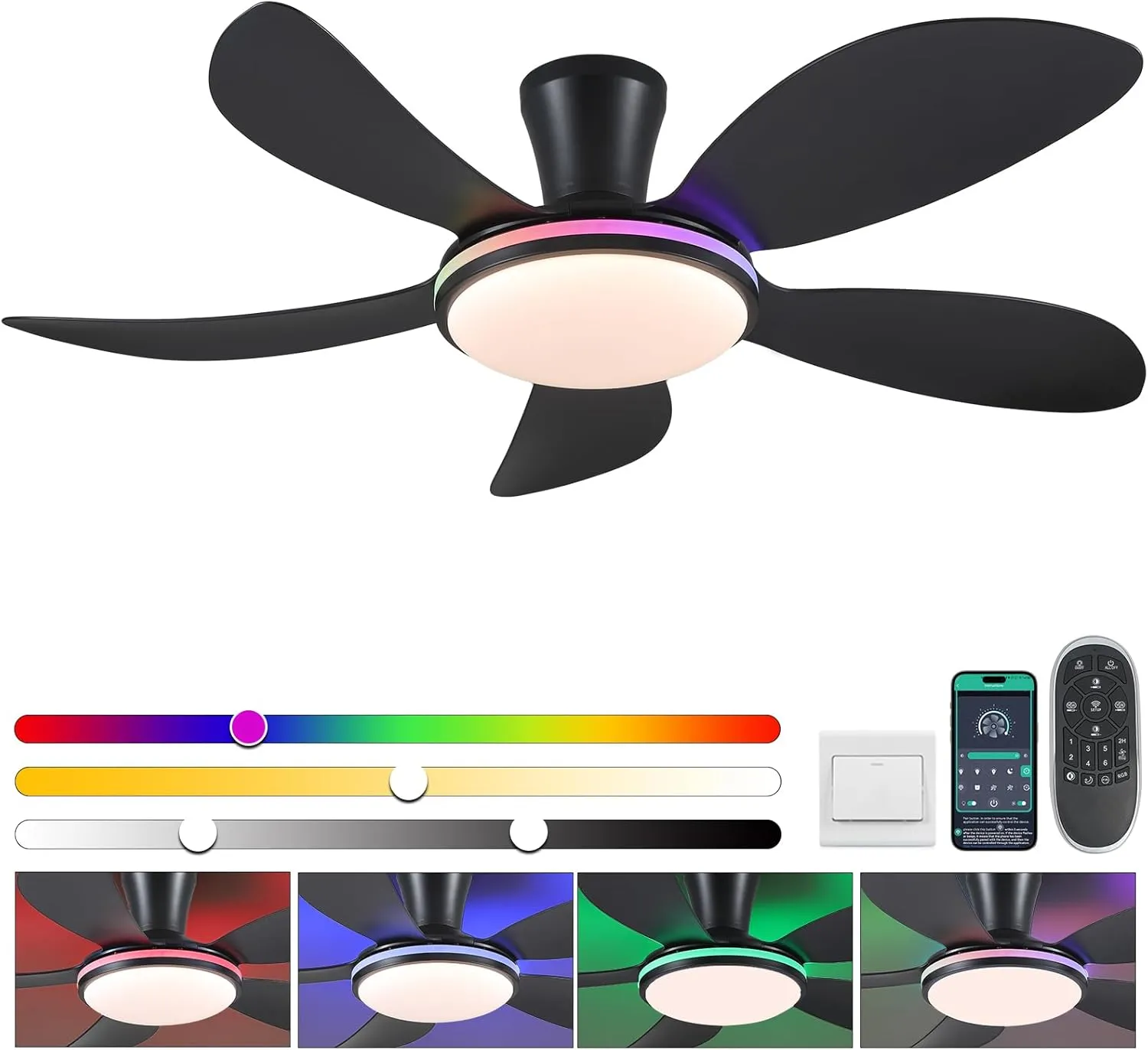 PHORUS 48" RGB Ceiling Fans with Lights and Remote/APP,Black Low Profile Ceiling Fans with Quiet Reversible DC Motor,Modern Flush Mount Fans Light for Bedroom Kids Room Fan with safety blade design