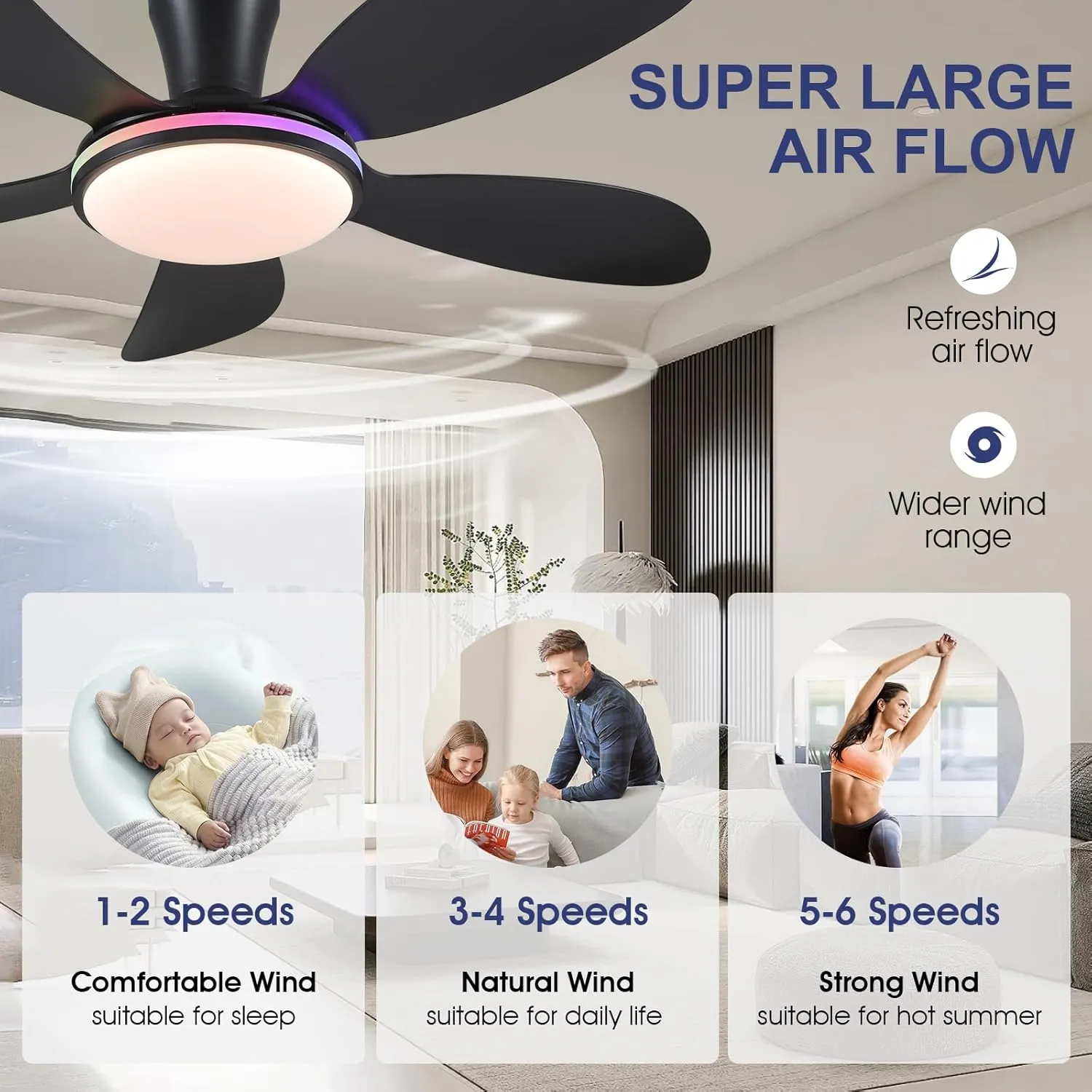 PHORUS 48" RGB Ceiling Fans with Lights and Remote/APP,Black Low Profile Ceiling Fans with Quiet Reversible DC Motor,Modern Flush Mount Fans Light for Bedroom Kids Room