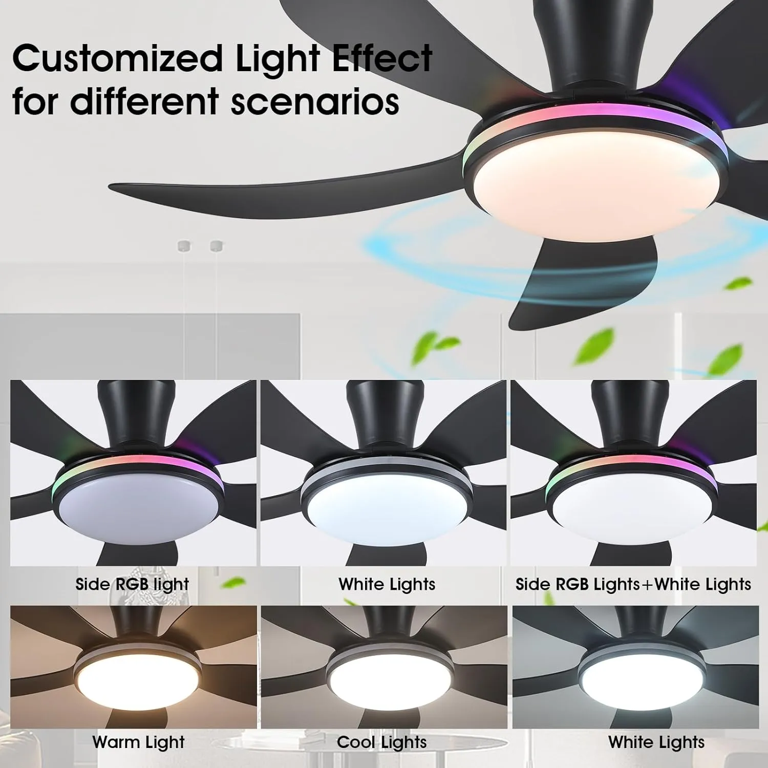 PHORUS 48" RGB Ceiling Fans with Lights and Remote/APP,Black Low Profile Ceiling Fans with Quiet Reversible DC Motor,Modern Flush Mount Fans Light for Bedroom Kids Room