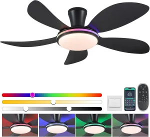 PHORUS 48" RGB Ceiling Fans with Lights and Remote/APP,Black Low Profile Ceiling Fans with Quiet Reversible DC Motor,Modern Flush Mount Fans Light for Bedroom Kids Room Fan with safety blade design