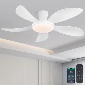 PHORUS 48" White Ceiling Fan with Lights and Remote/APP, Low Profile with Quiet Reversible DC Motor, Dimmable 3 Colors 6 Speeds, Modern LED Indoor/Outdoor Patio Fan Fan with safety blade design