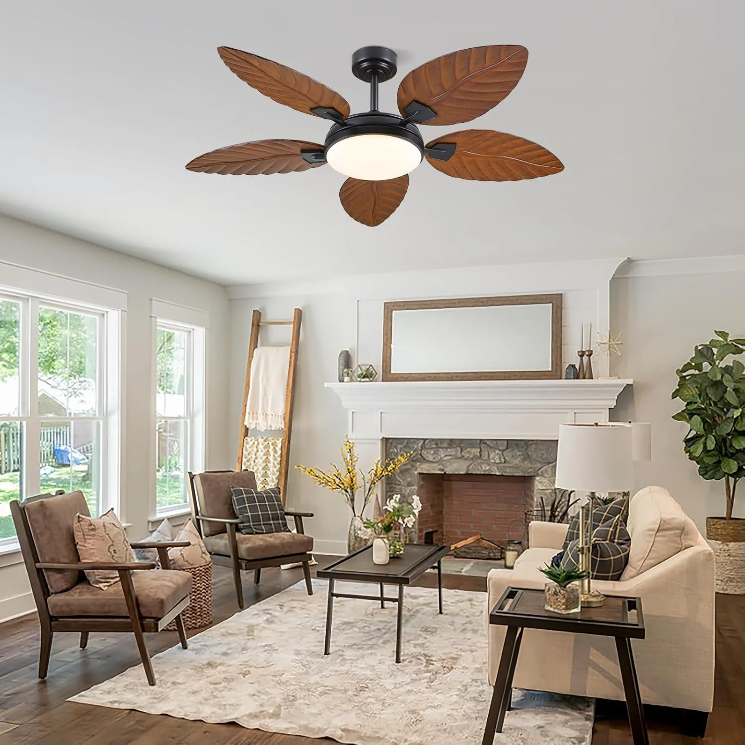 PHORUS 52 Inch Tropical Ceiling Fans with Lights and Remote,Outdoor Palm Leaf Ceiling Fan for Patios Porch Bedroom, Dimmable, 6 Speeds, Reversible, Dark Brown
