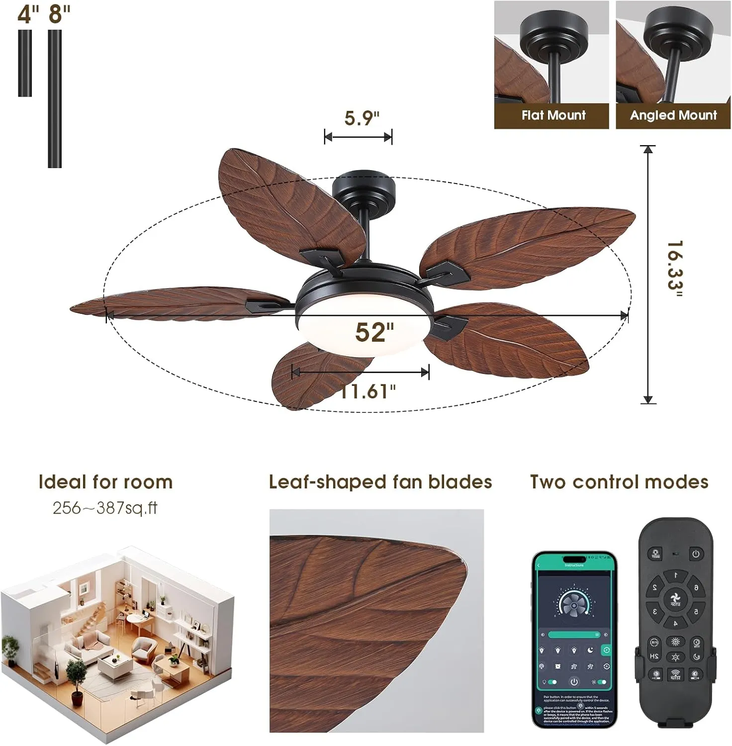 PHORUS 52 Inch Tropical Ceiling Fans with Lights and Remote,Outdoor Palm Leaf Ceiling Fan for Patios Porch Bedroom, Dimmable, 6 Speeds, Reversible, Dark Brown