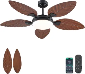 PHORUS 52 Inch Tropical Ceiling Fans with Lights and Remote,Outdoor Palm Leaf Ceiling Fan for Patios Porch Bedroom, Dimmable, 6 Speeds, Reversible, Dark Brown App-controlled remote fan for convenience