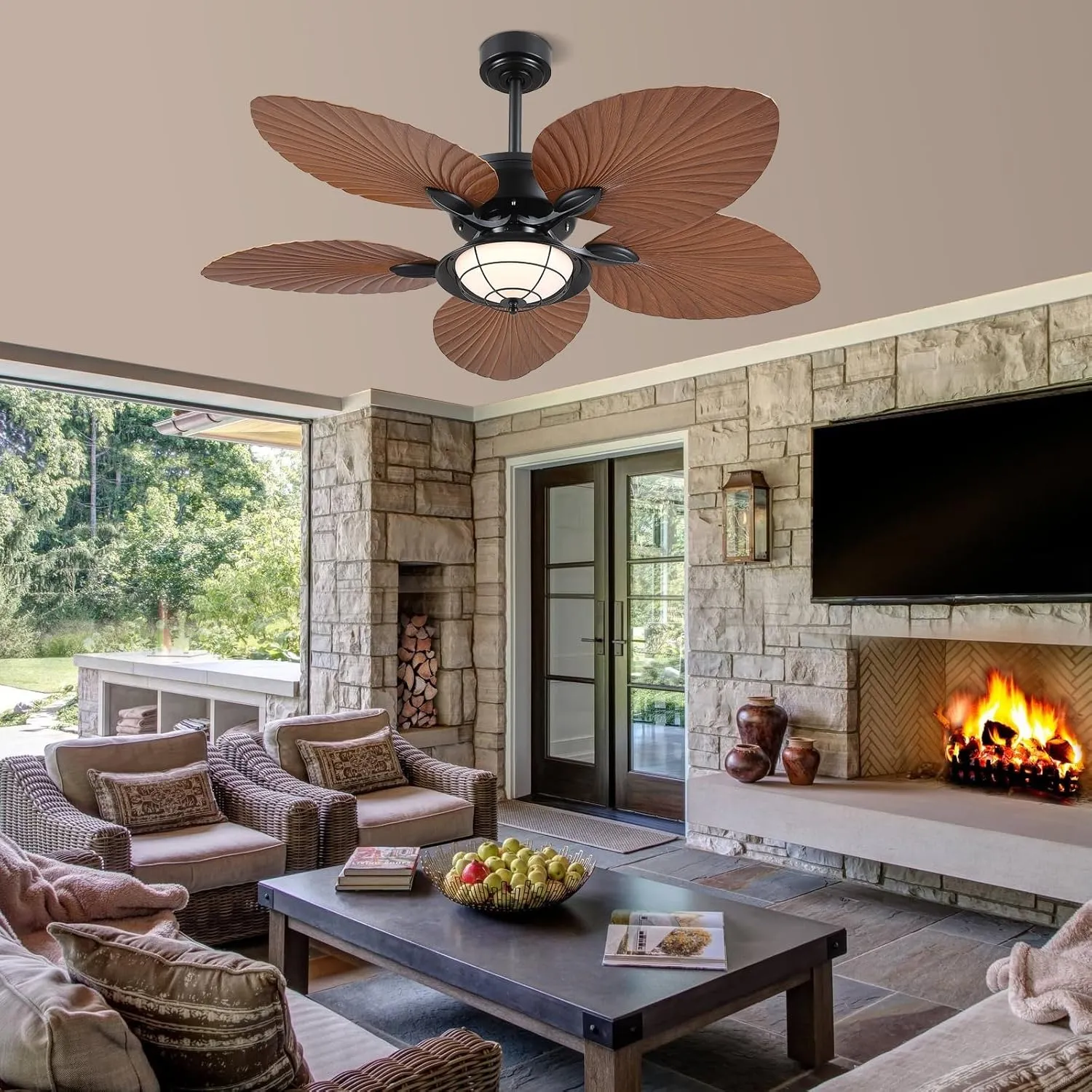 PHORUS 52" Waterproof Outdoor Palm Leaf Ceiling Fans with Lights and Remote,Wet Rated Tropical Ceiling Fans for Patios Porch Gazebo Pergola