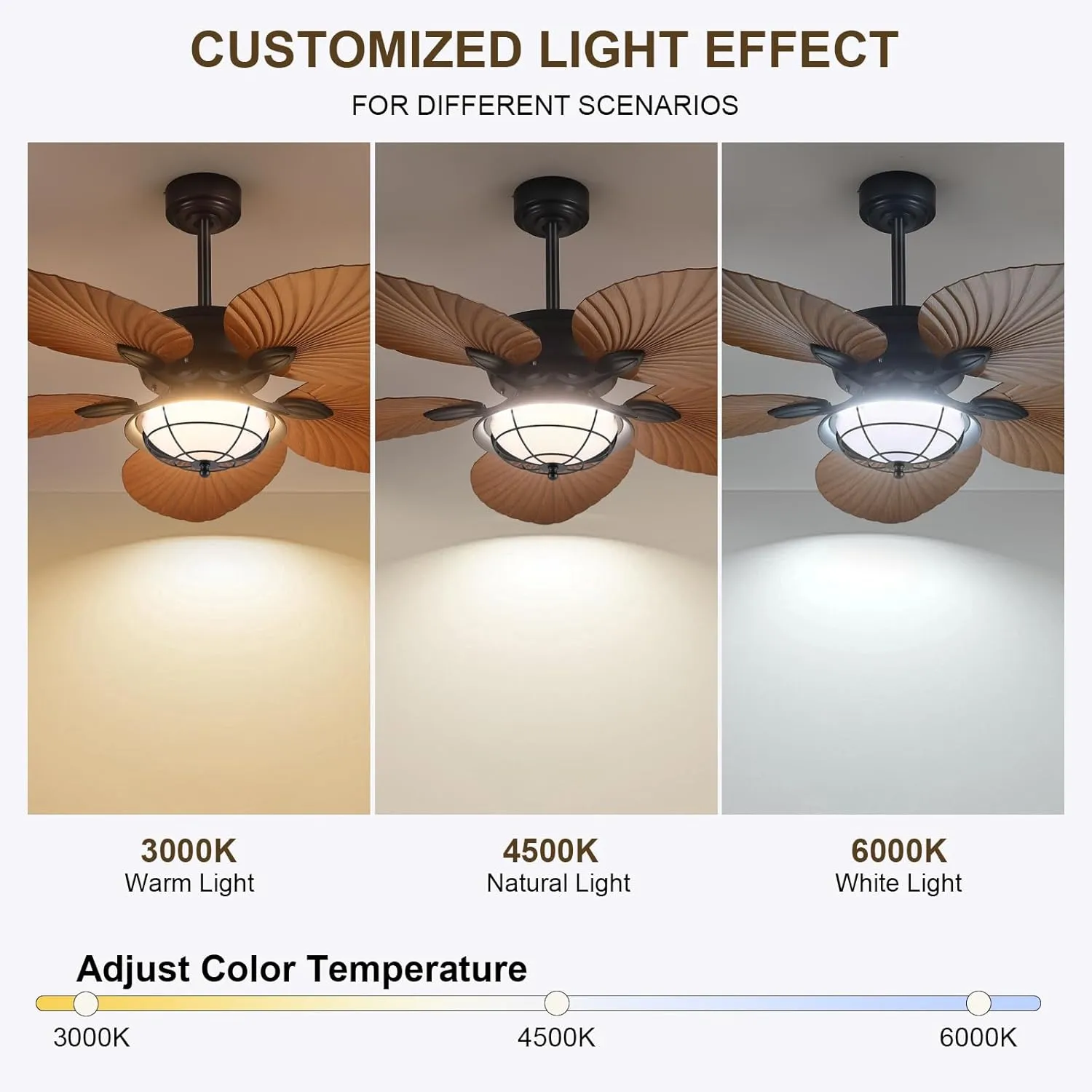 PHORUS 52" Waterproof Outdoor Palm Leaf Ceiling Fans with Lights and Remote,Wet Rated Tropical Ceiling Fans for Patios Porch Gazebo Pergola